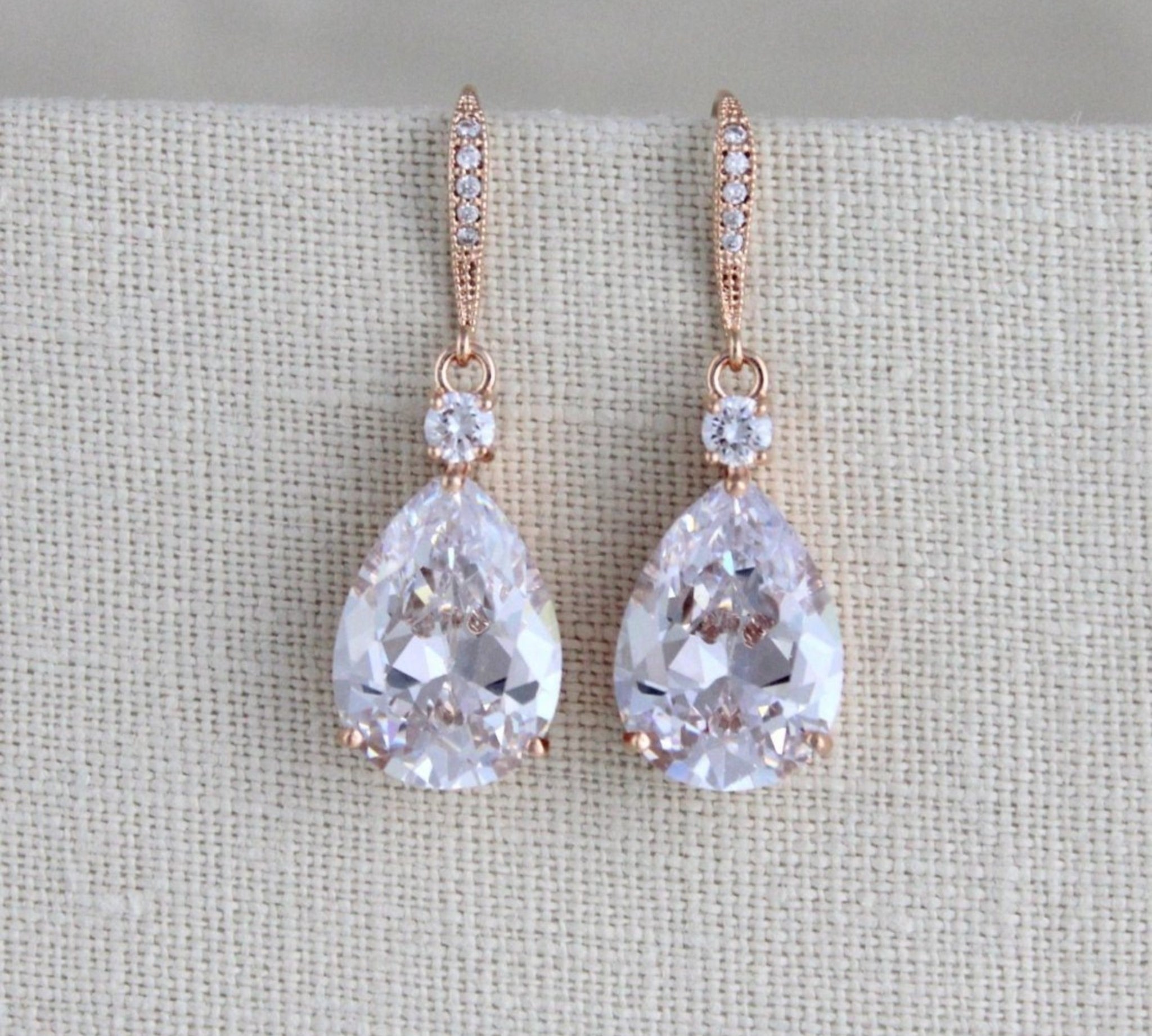 Rose gold Cubic Zirconia teardrop bridal earrings - PEYTON - Treasures by Agnes