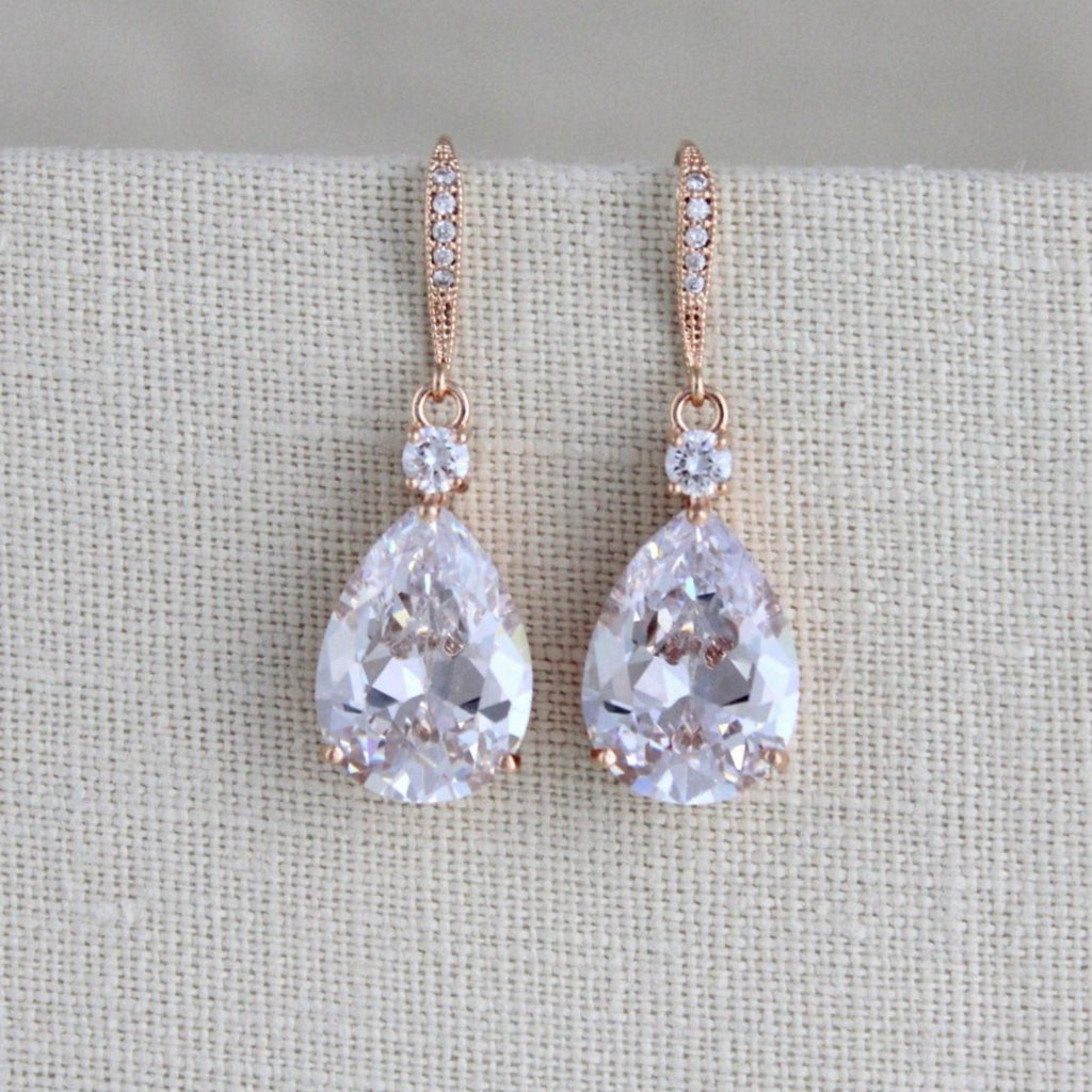 Rose gold Cubic Zirconia teardrop bridal earrings - PEYTON - Treasures by Agnes