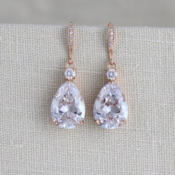 Rose gold Cubic Zirconia teardrop bridal earrings - PEYTON - Treasures by Agnes