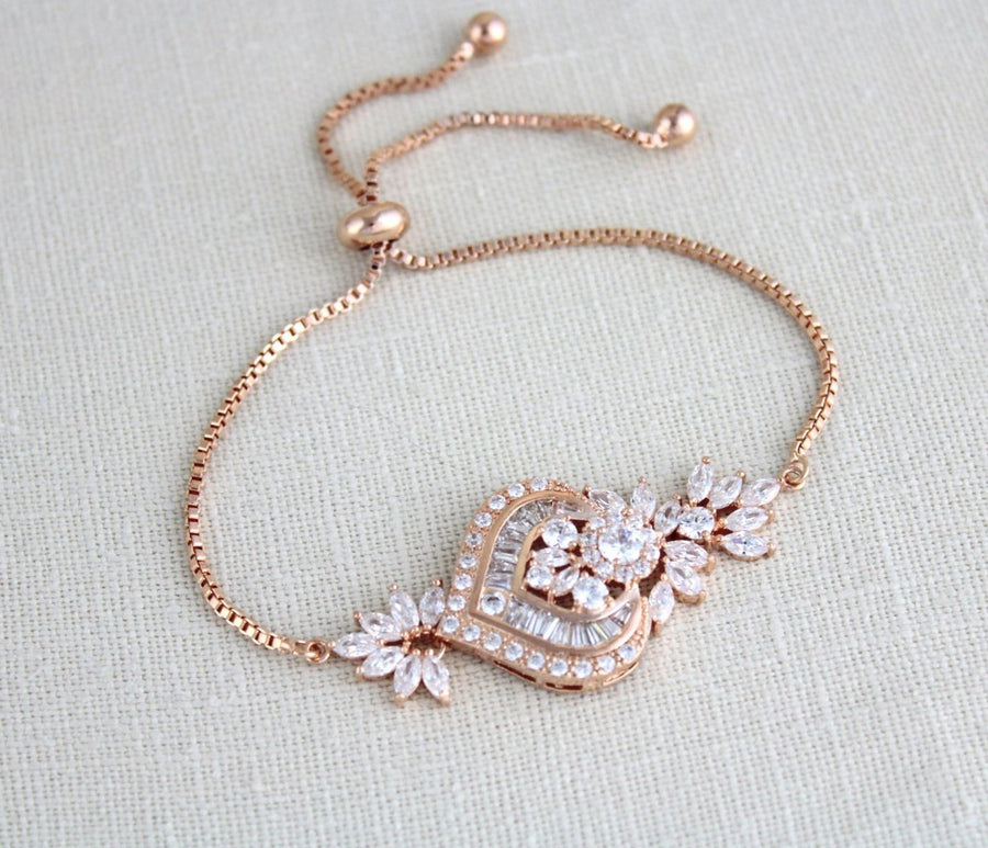 Rose gold CZ Bridal bracelet, Adjustable slide bracelet - EMMA - Treasures by Agnes
