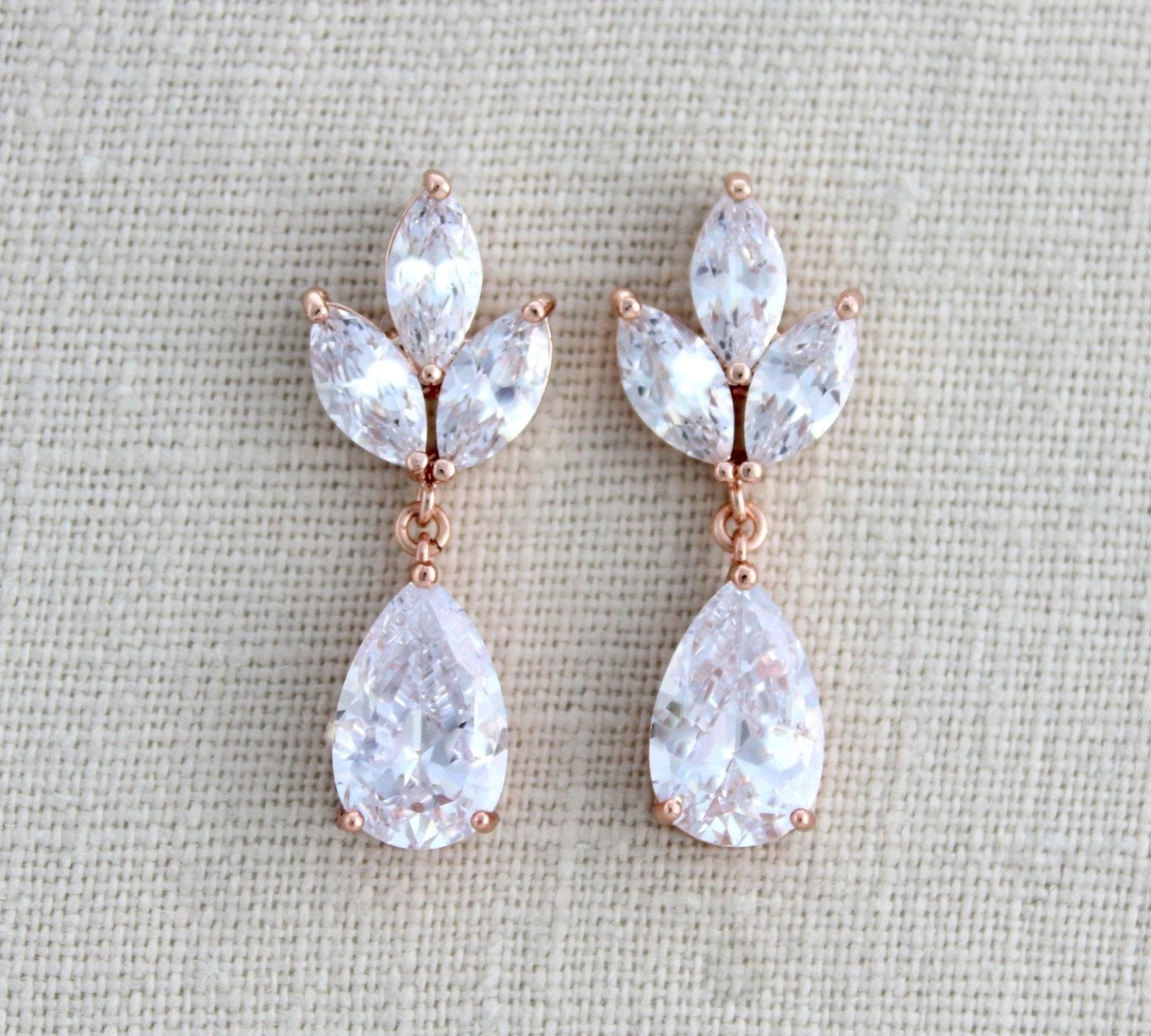 Rose gold CZ drop Bridal earrings Bridesmaid gift - LAUREN - Treasures by Agnes