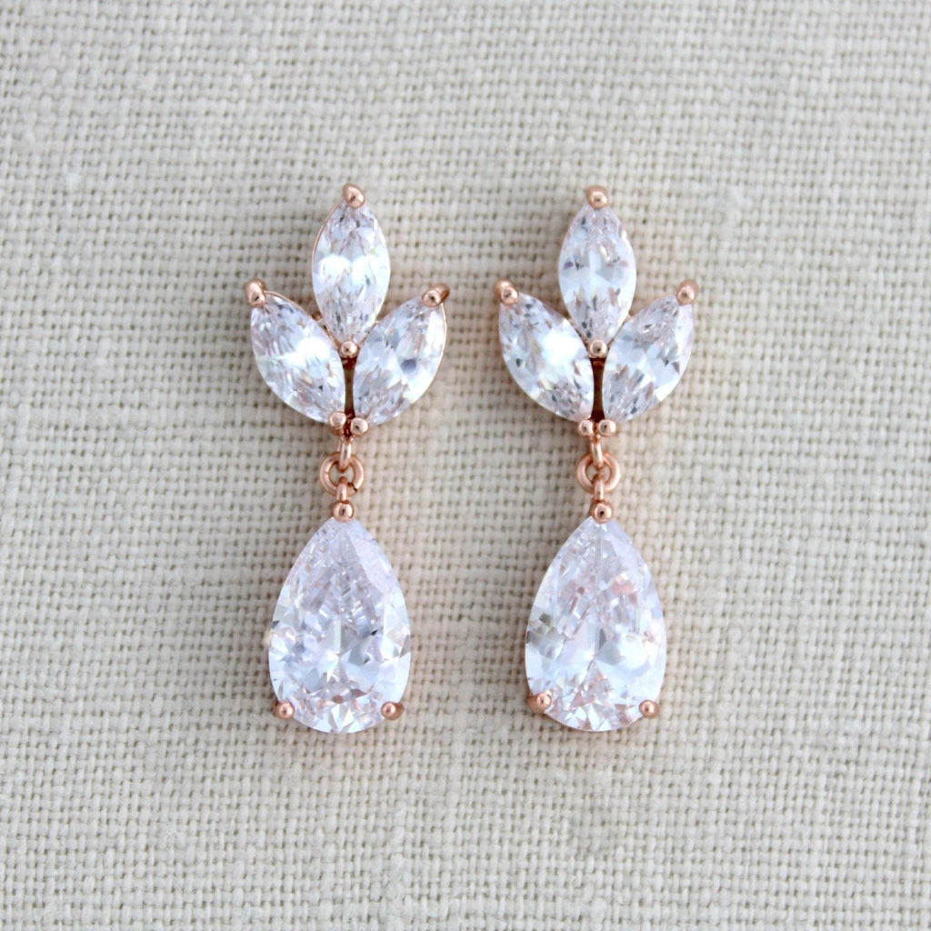 Rose gold CZ drop Bridal earrings Bridesmaid gift - LAUREN - Treasures by Agnes