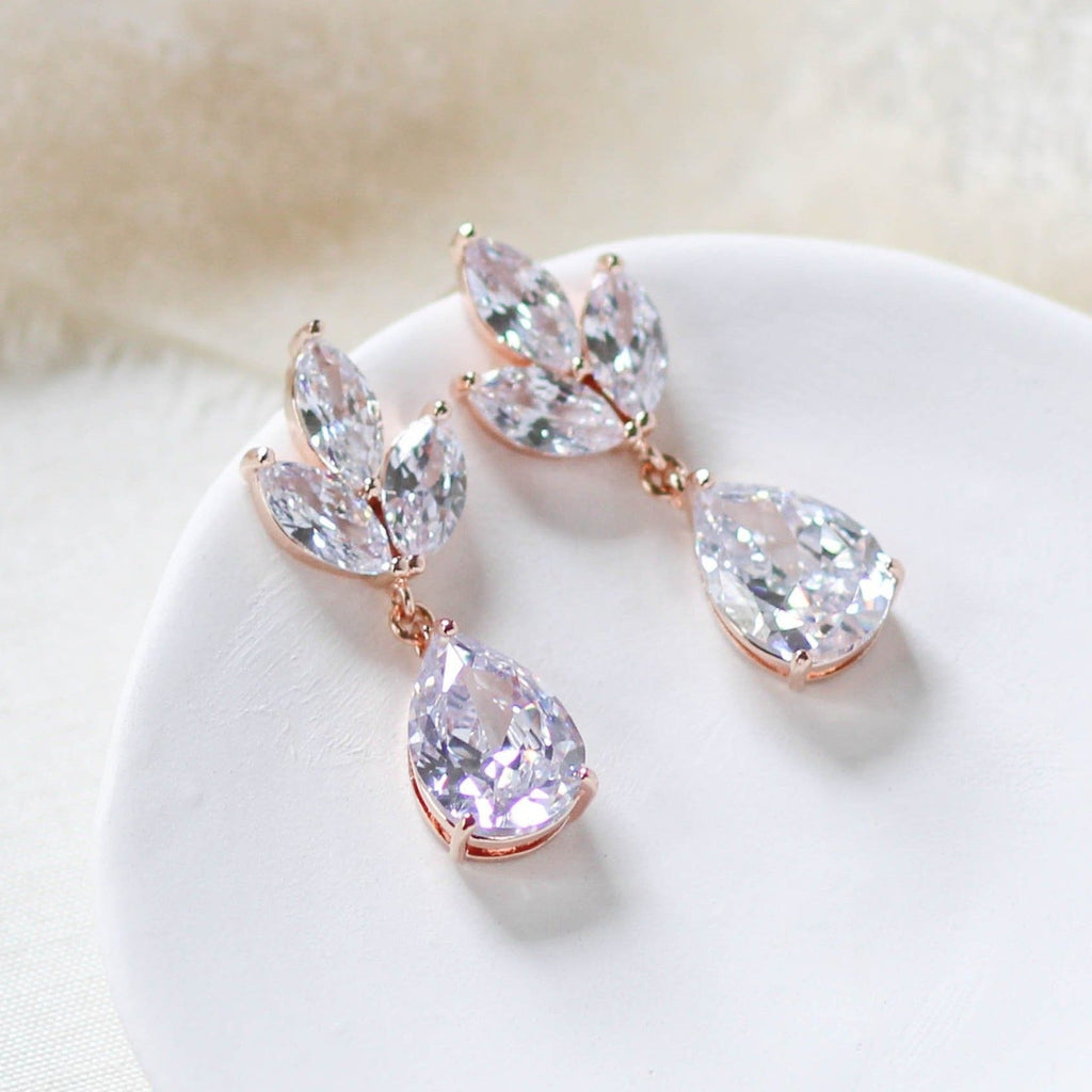 Rose gold CZ drop Bridal earrings Bridesmaid gift - LAUREN - Treasures by Agnes