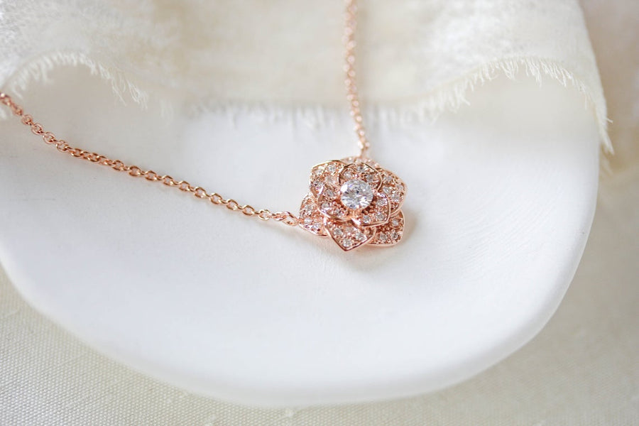 Rose gold CZ floral Bridal necklace - MORGAN - Treasures by Agnes