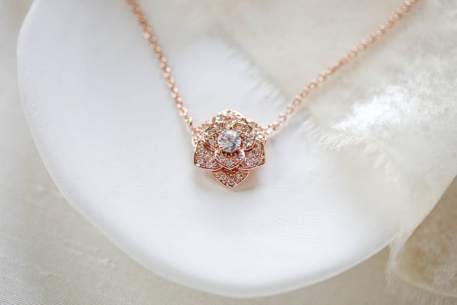 Rose gold CZ floral Bridal necklace - MORGAN - Treasures by Agnes