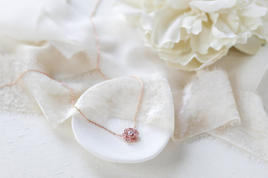 Rose gold CZ floral Bridal necklace - MORGAN - Treasures by Agnes
