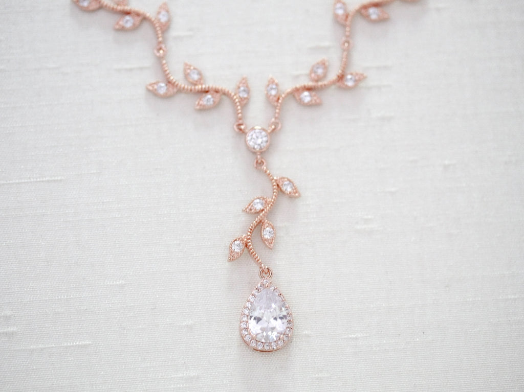 Rose gold dainty leaf Bridal necklace - RYLIE - Treasures by Agnes