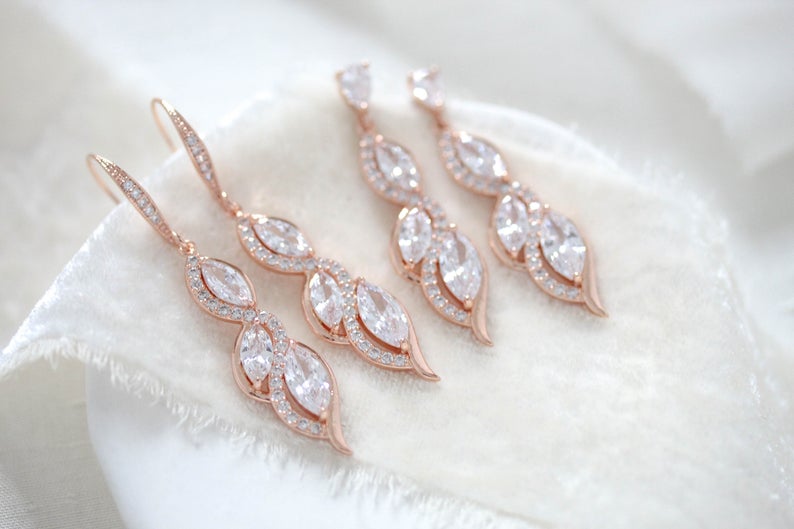 Rose gold dangle Bridal earrings - HADELY - Treasures by Agnes
