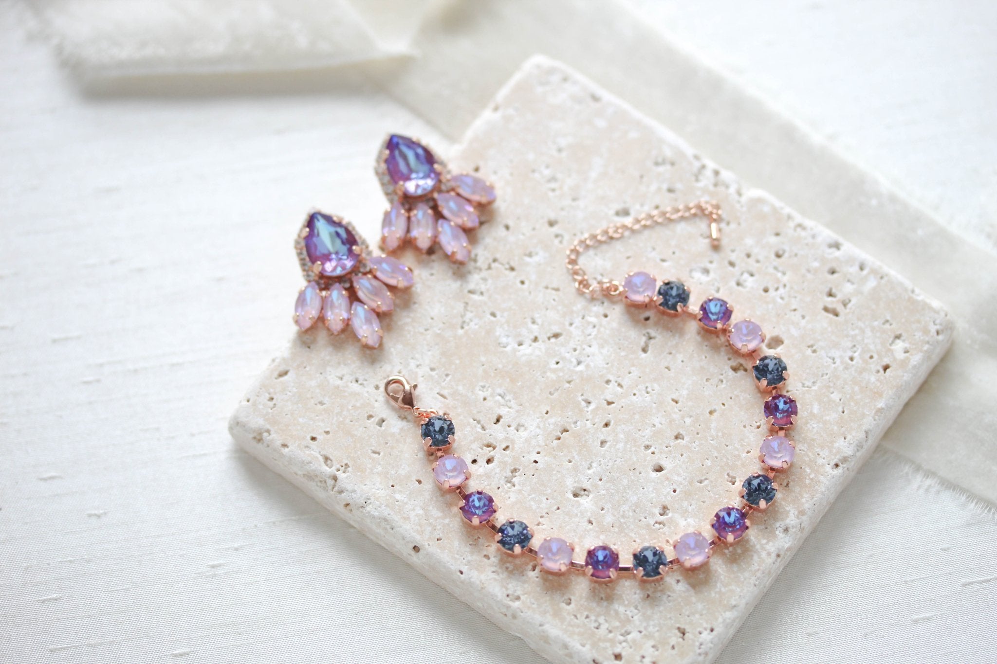 Rose gold earrings with lilac and purple crystals - SAWYER - Treasures by Agnes