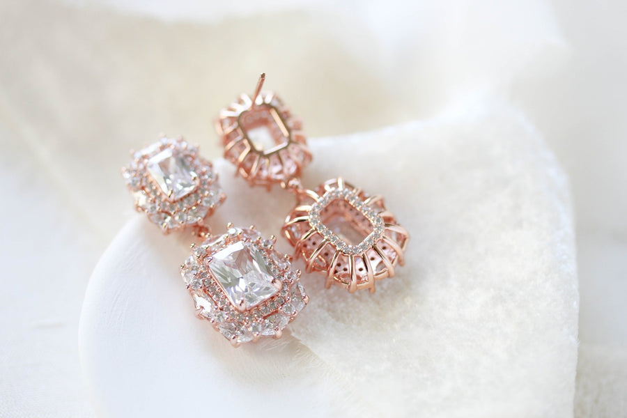 Rose gold Emerald cut Cubic Zirconia Bridal earrings - MAYA - Treasures by Agnes