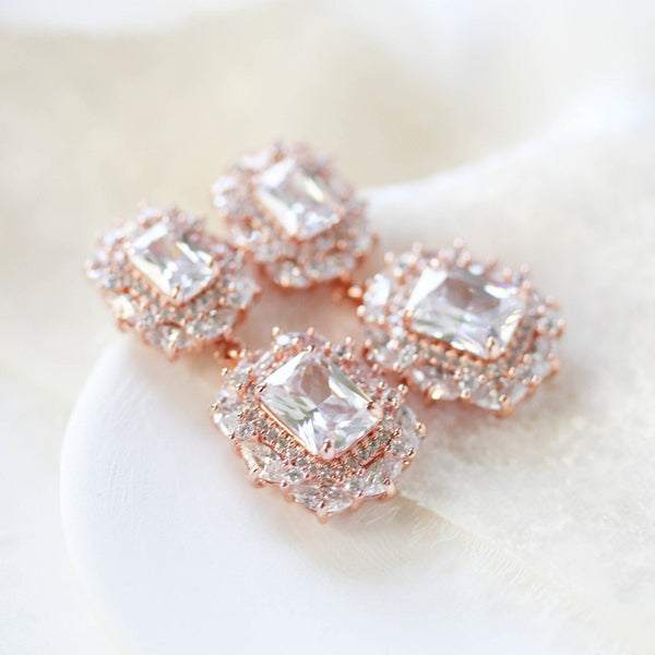 Rose gold Emerald cut Cubic Zirconia Bridal earrings - MAYA - Treasures by Agnes