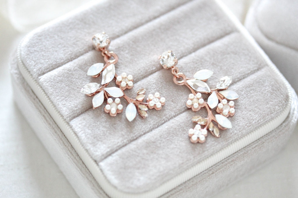 Rose gold Floral Bridal earrings with White opal crystals - EVA - Treasures by Agnes
