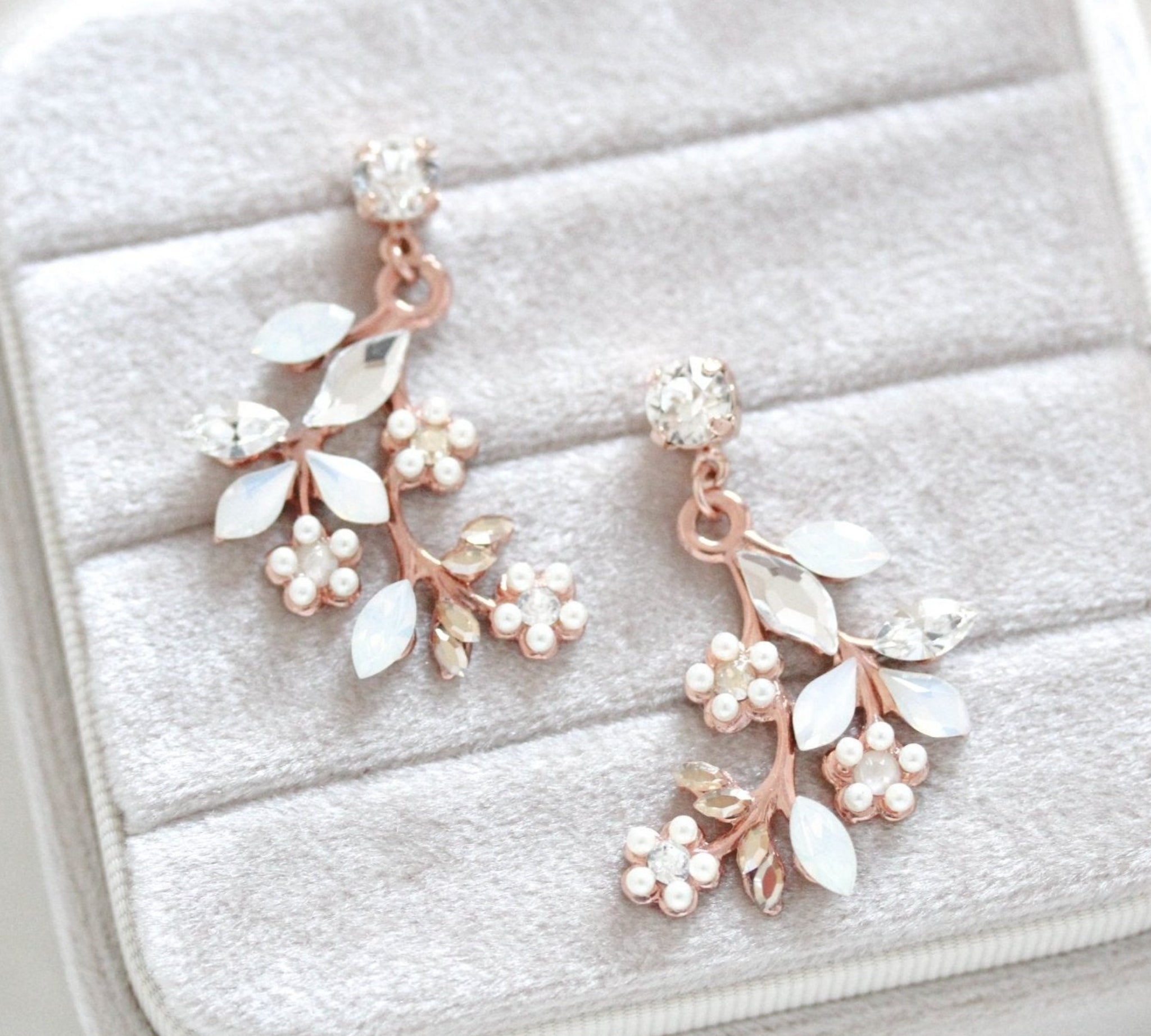 Rose gold Floral Bridal earrings with White opal crystals - EVA - Treasures by Agnes