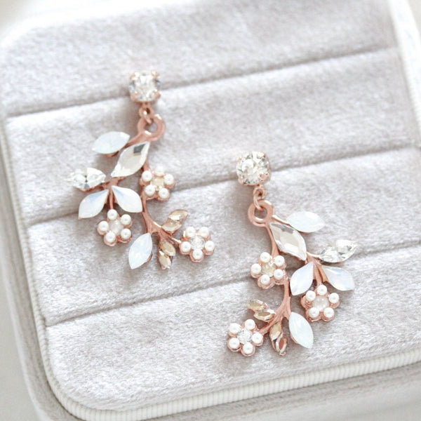 Rose gold Floral Bridal earrings with White opal crystals - EVA - Treasures by Agnes