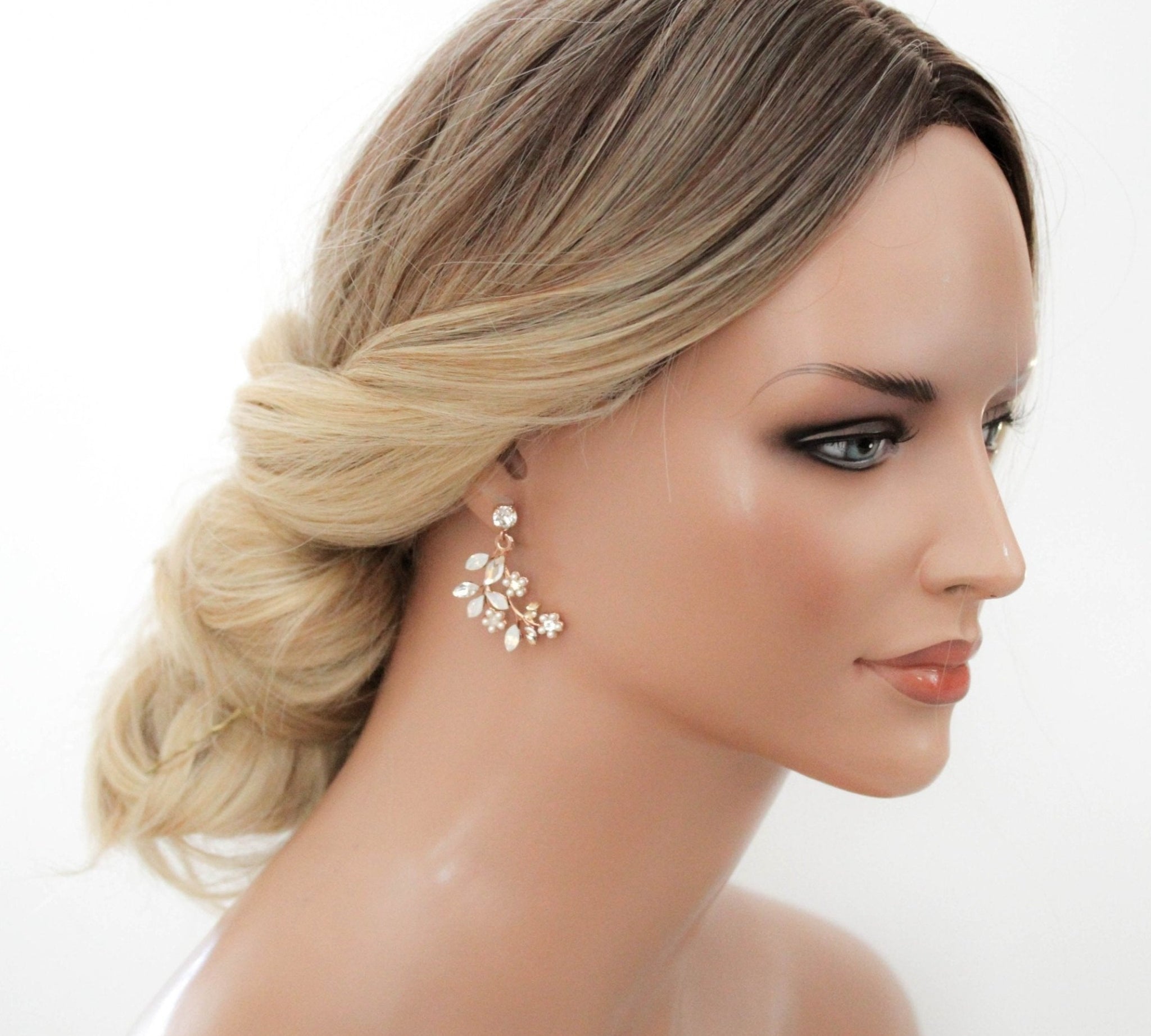 Rose gold Floral Bridal earrings with White opal crystals - EVA - Treasures by Agnes
