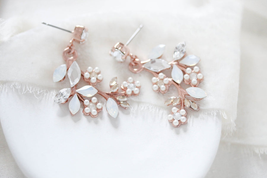 Rose gold Floral Bridal earrings with White opal crystals - EVA - Treasures by Agnes