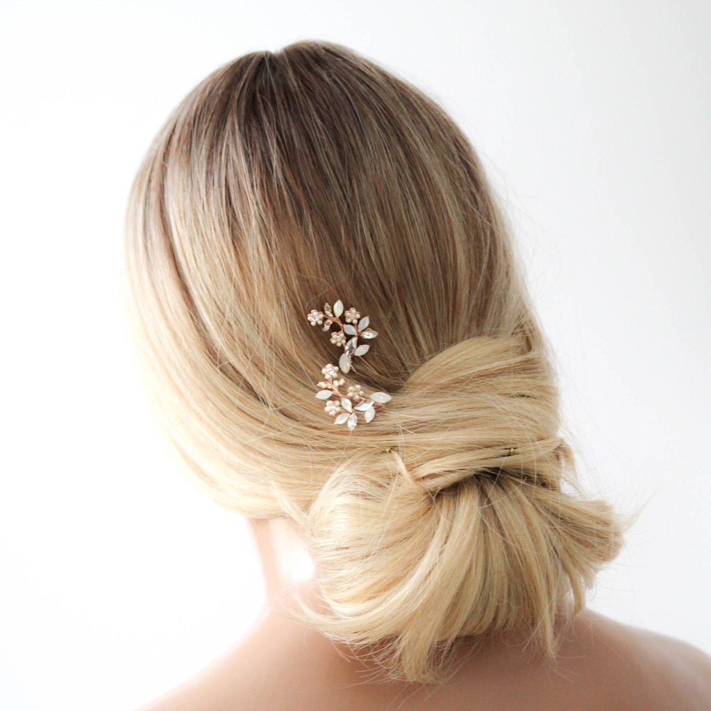 Rose gold floral Bridal hair pins with crystals and pearls - EVA - Treasures by Agnes