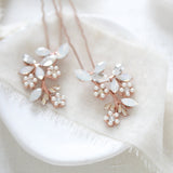 Rose gold floral Bridal hair pins with crystals and pearls - EVA - Treasures by Agnes