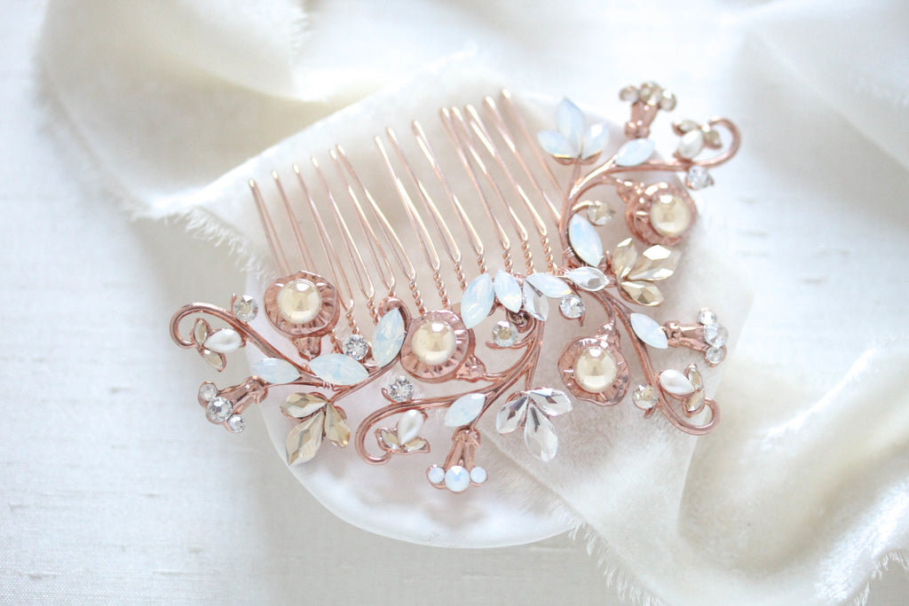 Rose gold Floral crystal hair comb - REMI - Treasures by Agnes