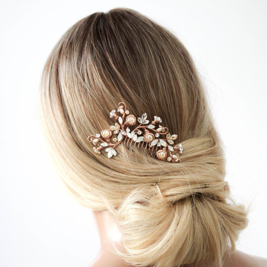 Rose gold Floral crystal hair comb - REMI - Treasures by Agnes