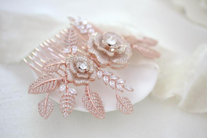 Rose gold Floral hair comb for bride - INNA - Treasures by Agnes