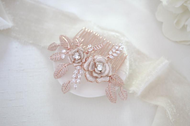 Rose gold Floral hair comb for bride - INNA - Treasures by Agnes