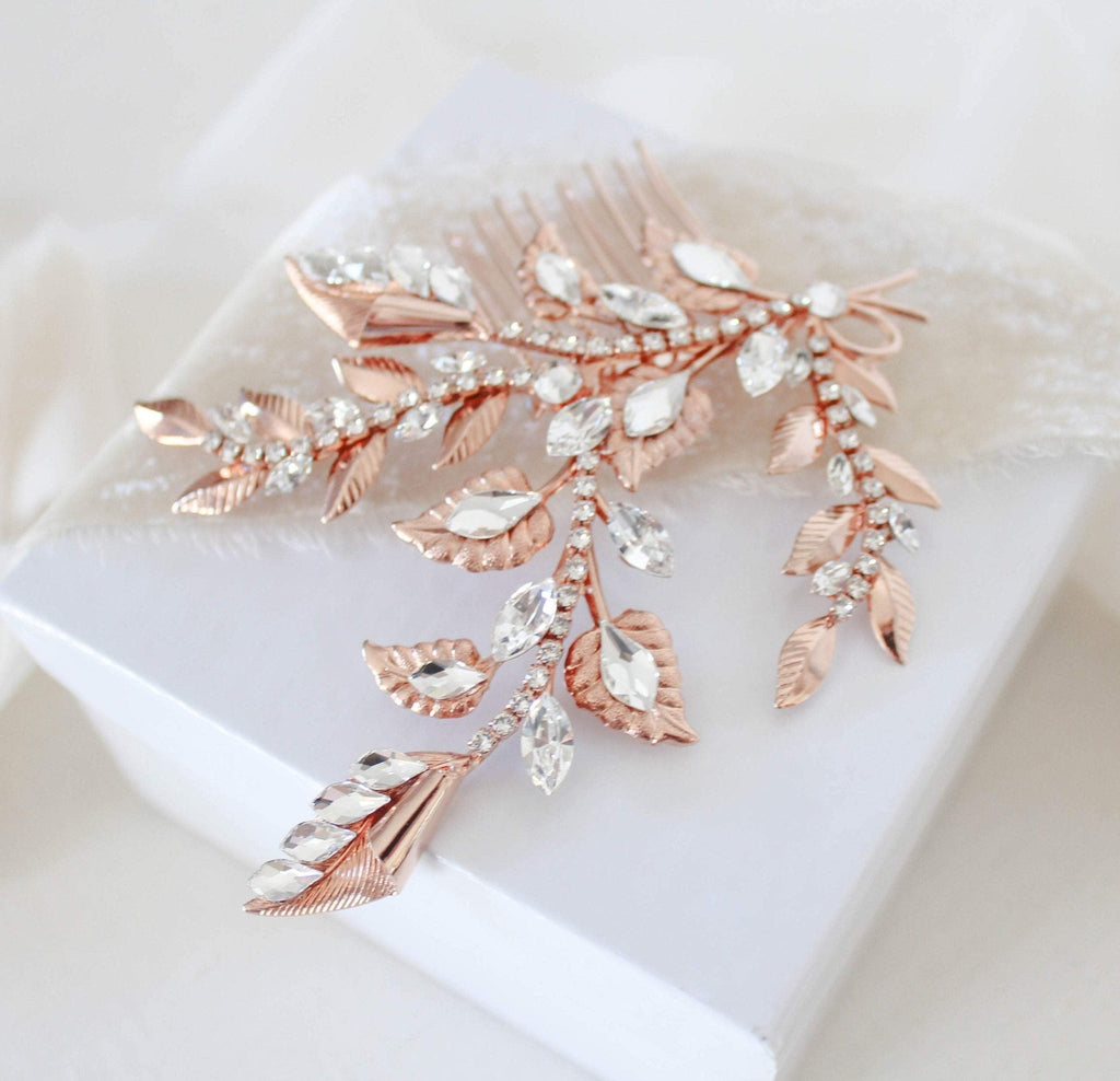 Rose gold floral hair comb with Austrian crystals - SHARON - Treasures by Agnes