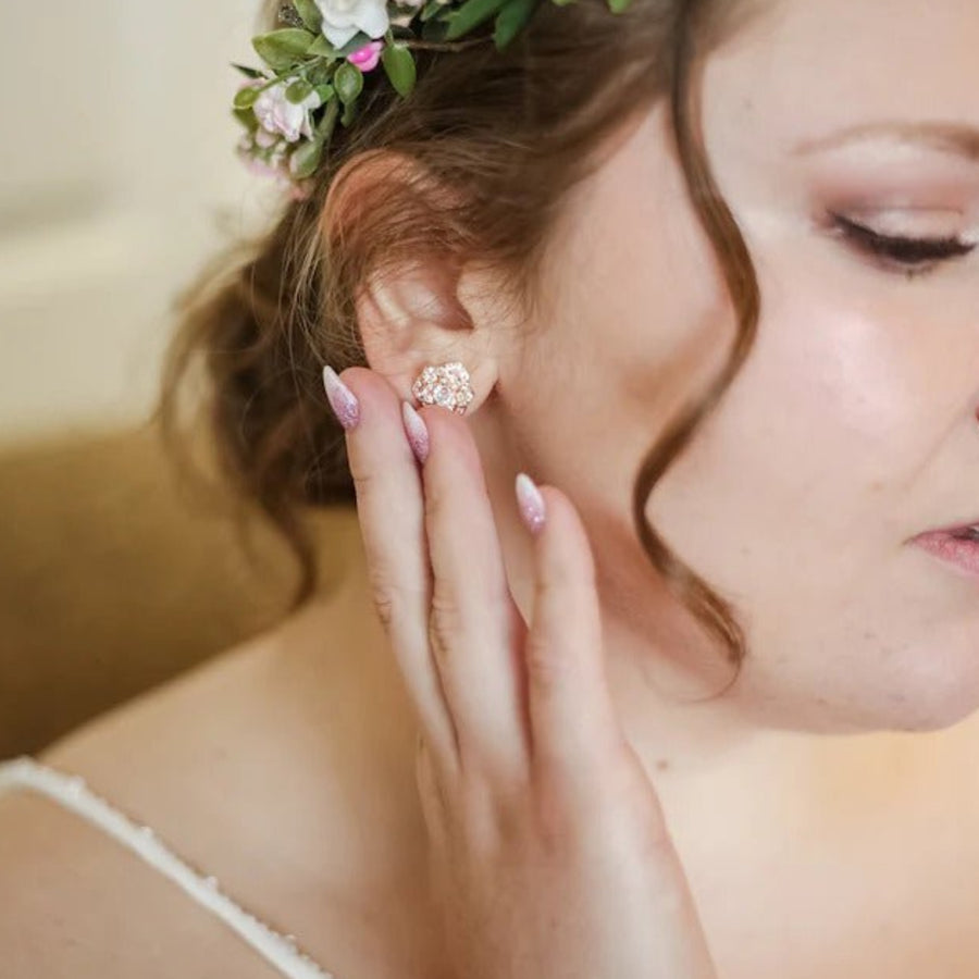 Rose gold flower stud CZ Bridal earrings Bridesmaid jewelry - MORGAN - Treasures by Agnes