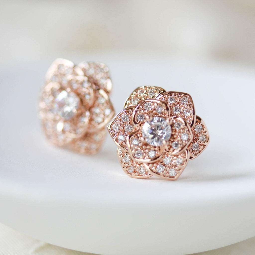 Rose gold flower stud CZ Bridal earrings Bridesmaid jewelry - MORGAN - Treasures by Agnes