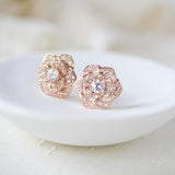 Rose gold flower stud CZ Bridal earrings Bridesmaid jewelry - MORGAN - Treasures by Agnes