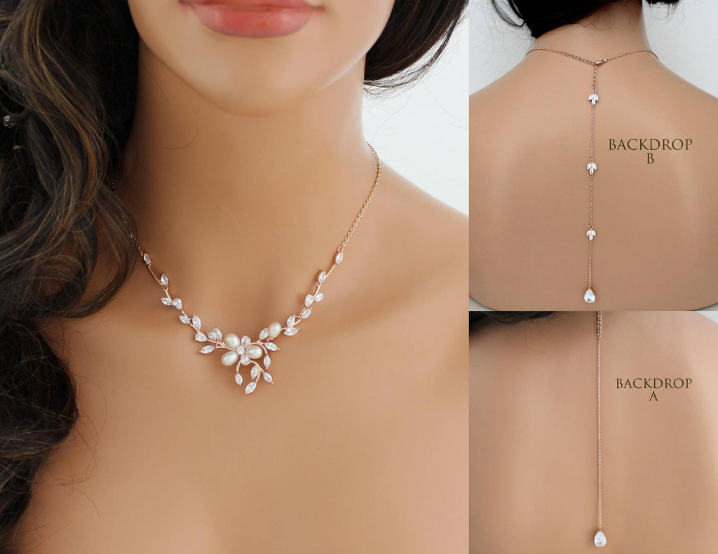 Rose gold Freshwater pearl Bridal backdrop necklace - AMARI - Treasures by Agnes