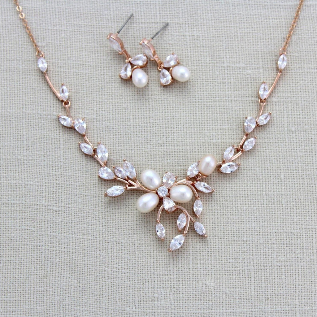 Rose gold Freshwater pearl Bridal backdrop necklace - AMARI - Treasures by Agnes