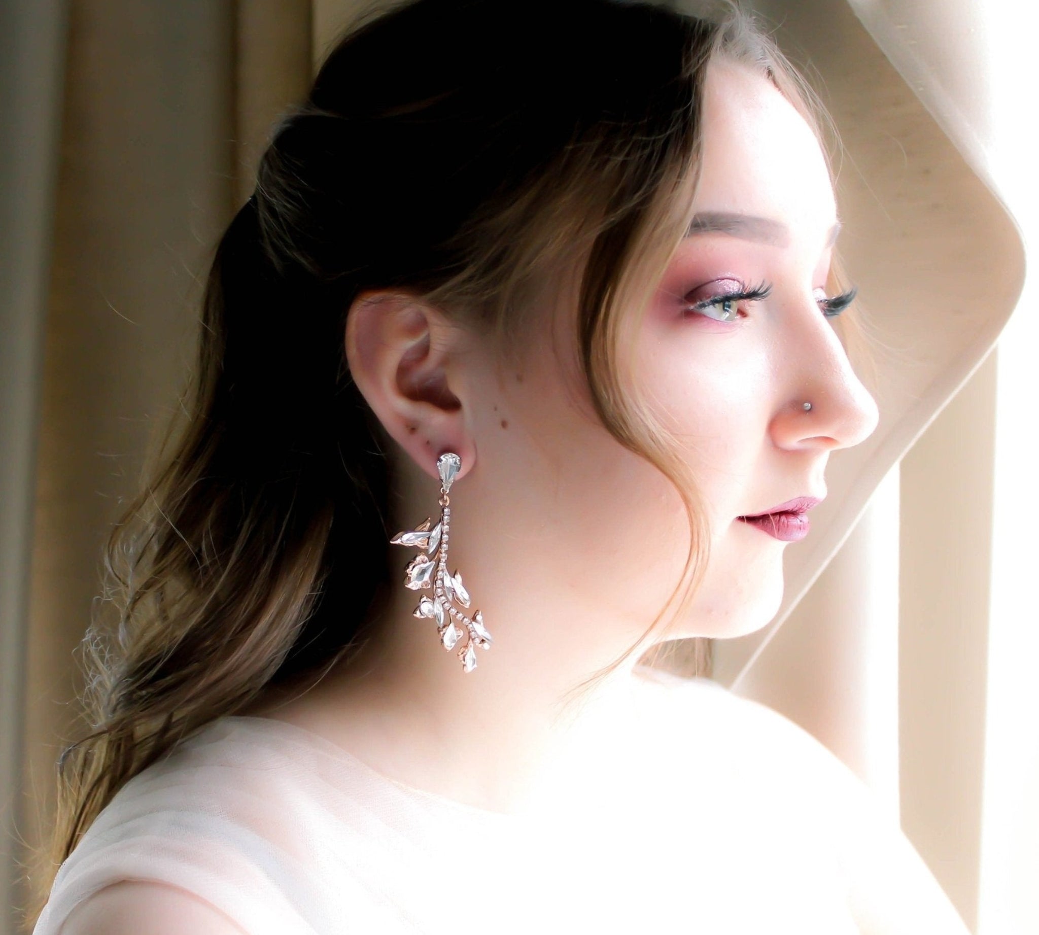 Rose gold leaf style crystal bridal earrings - ERIN - Treasures by Agnes