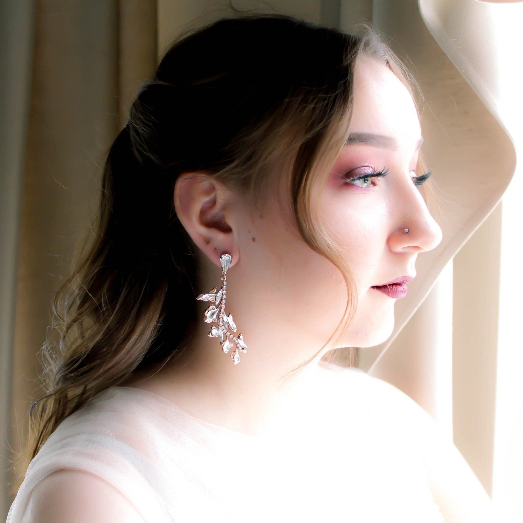 Rose gold leaf style crystal bridal earrings - ERIN - Treasures by Agnes