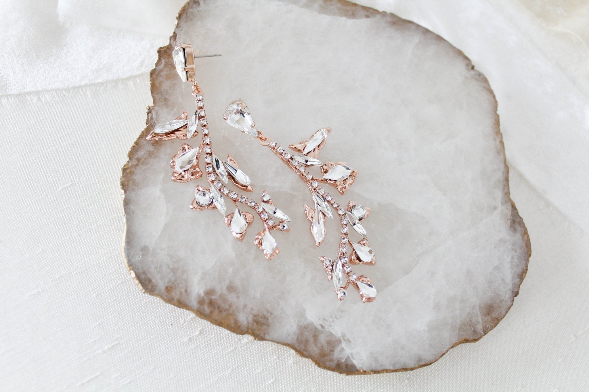 Rose gold leaf style crystal bridal earrings - ERIN - Treasures by Agnes