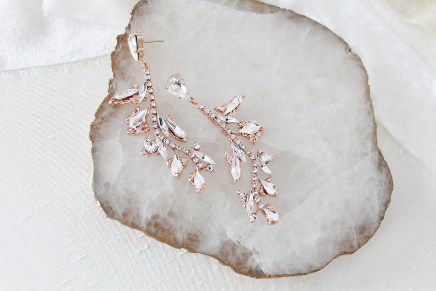 Rose gold leaf style crystal bridal earrings - ERIN - Treasures by Agnes