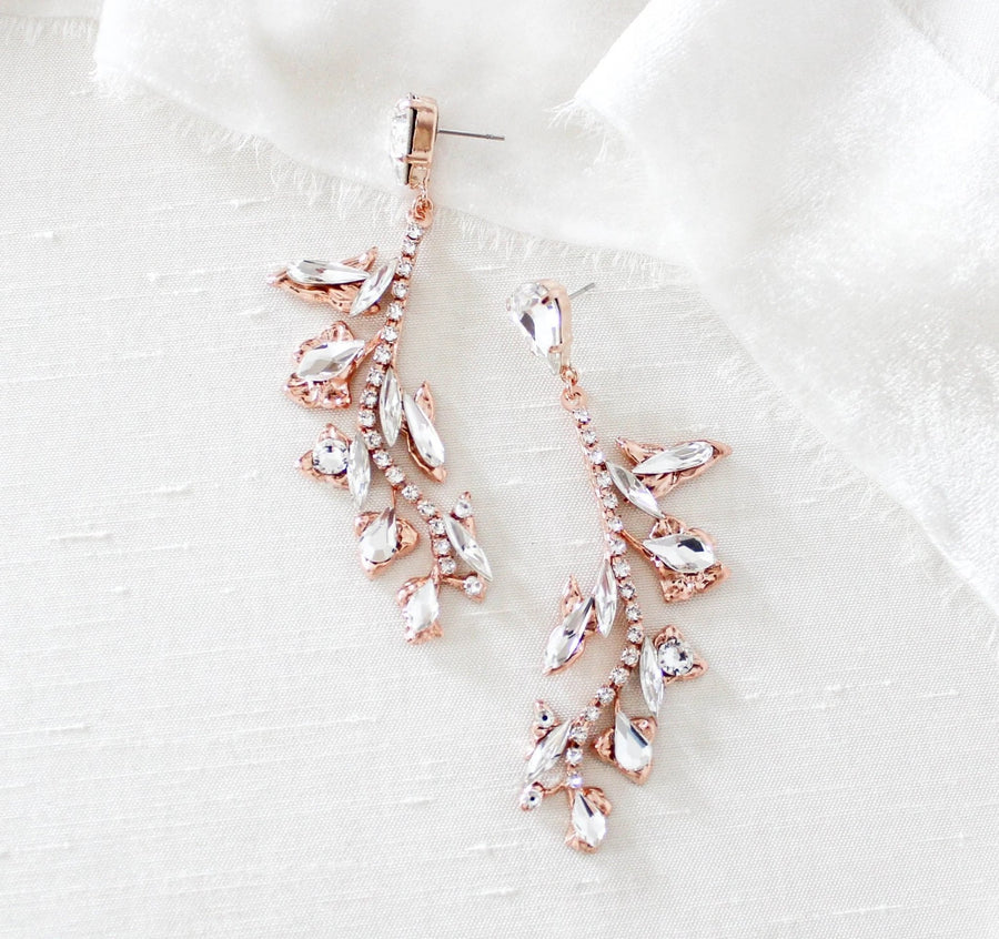 Rose gold leaf style crystal bridal earrings - ERIN - Treasures by Agnes
