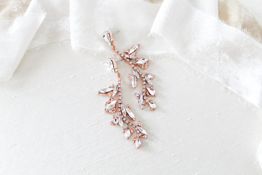Rose gold leaf style crystal bridal earrings - ERIN - Treasures by Agnes