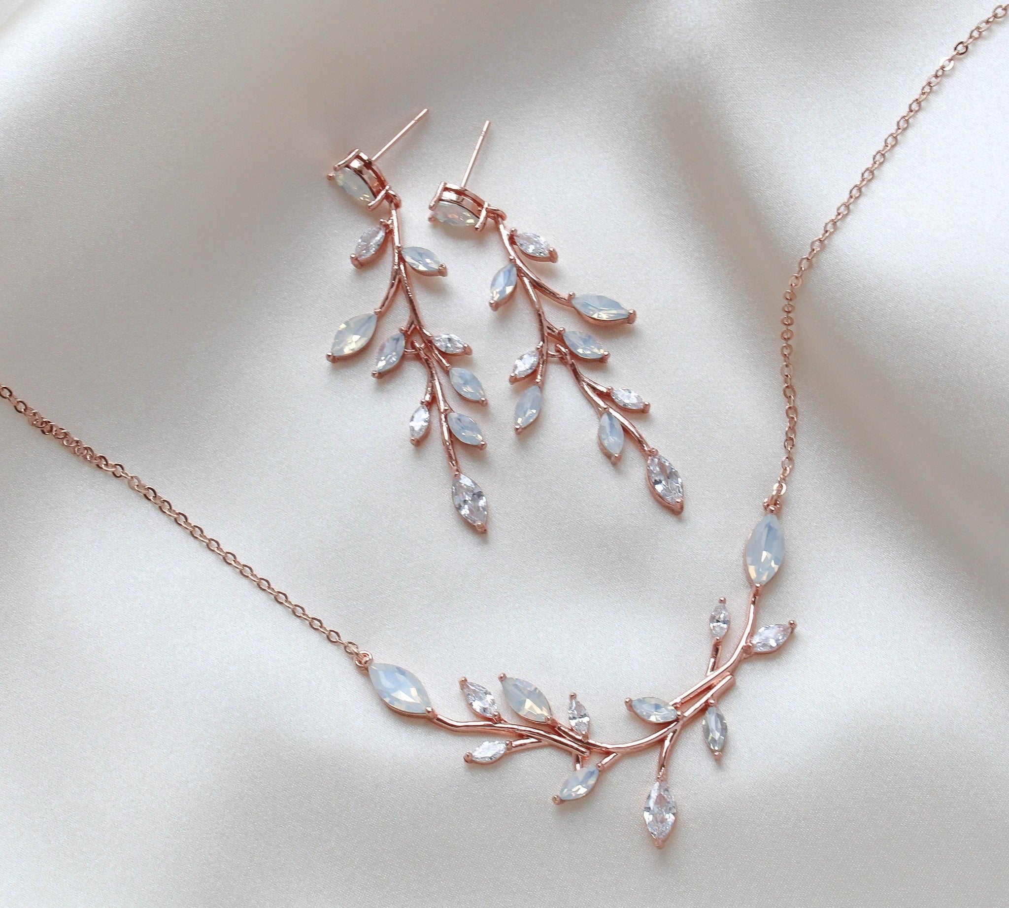 Rose gold necklace and earrings for bride with white opal crystals - APRILLE - Treasures by Agnes