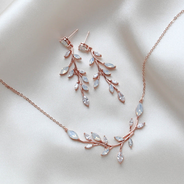 Rose gold necklace and earrings for bride with white opal crystals - APRILLE - Treasures by Agnes