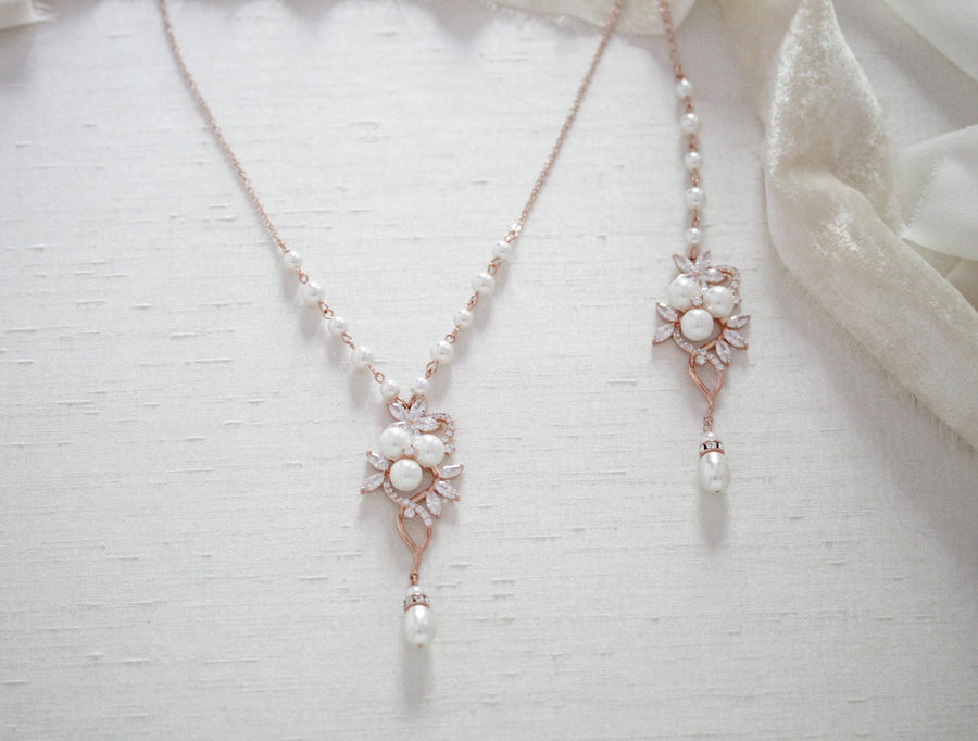 Rose gold pearl and crystal Bridal backdrop necklace - MIA - Treasures by Agnes