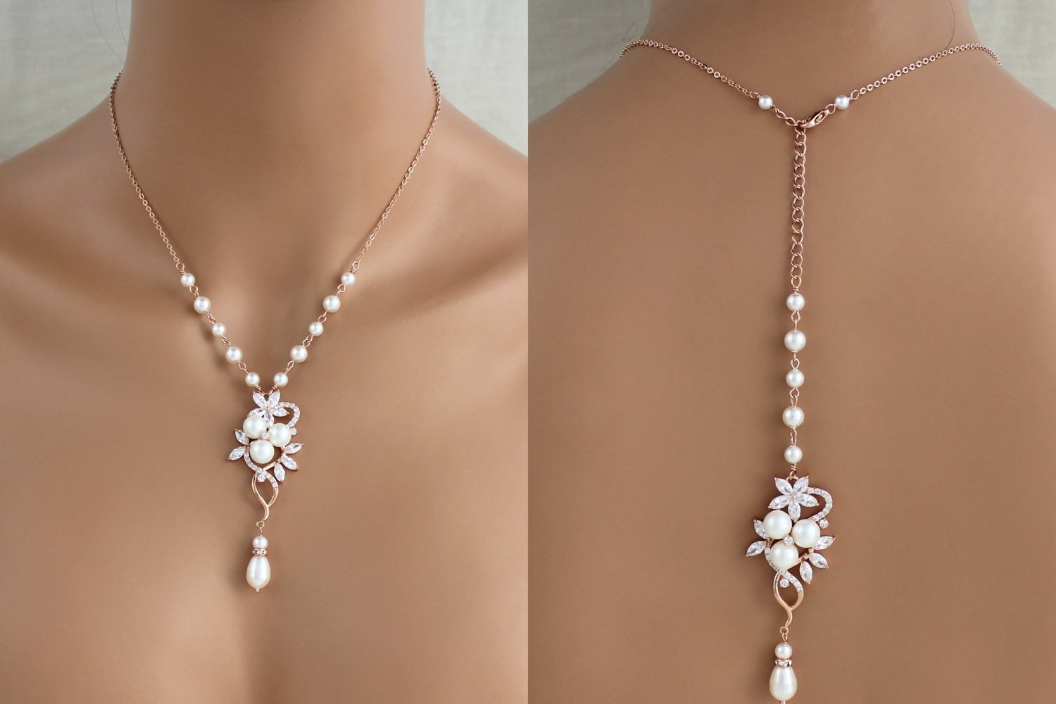Rose gold pearl and crystal Bridal backdrop necklace - MIA - Treasures by Agnes