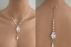 Rose gold pearl and crystal Bridal backdrop necklace - MIA - Treasures by Agnes