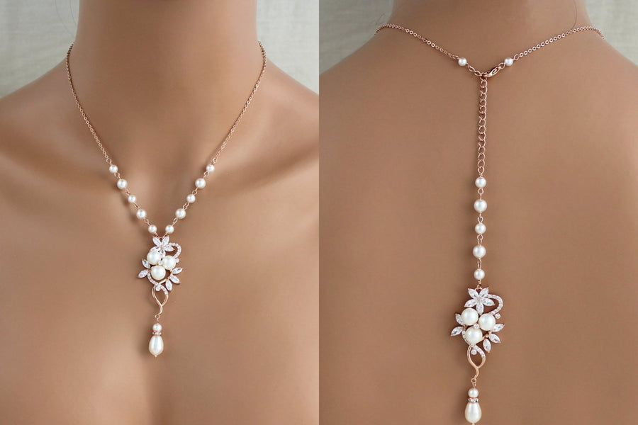 Rose gold pearl and crystal Bridal backdrop necklace - MIA - Treasures by Agnes
