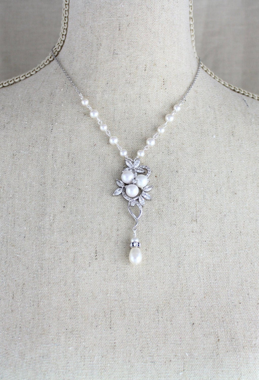 Rose gold pearl and crystal Bridal backdrop necklace - MIA - Treasures by Agnes