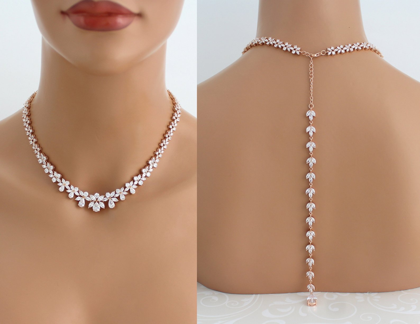 Rose gold statement backdrop necklace for bride - AUBREE - Treasures by Agnes