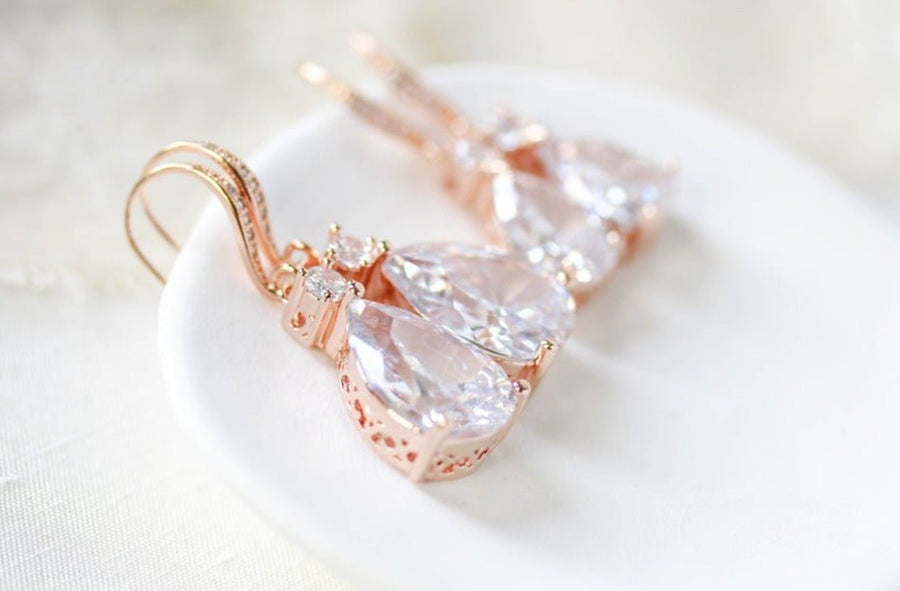 Rose gold teardrop bridal or bridesmaid earrings - PEYTON - Treasures by Agnes