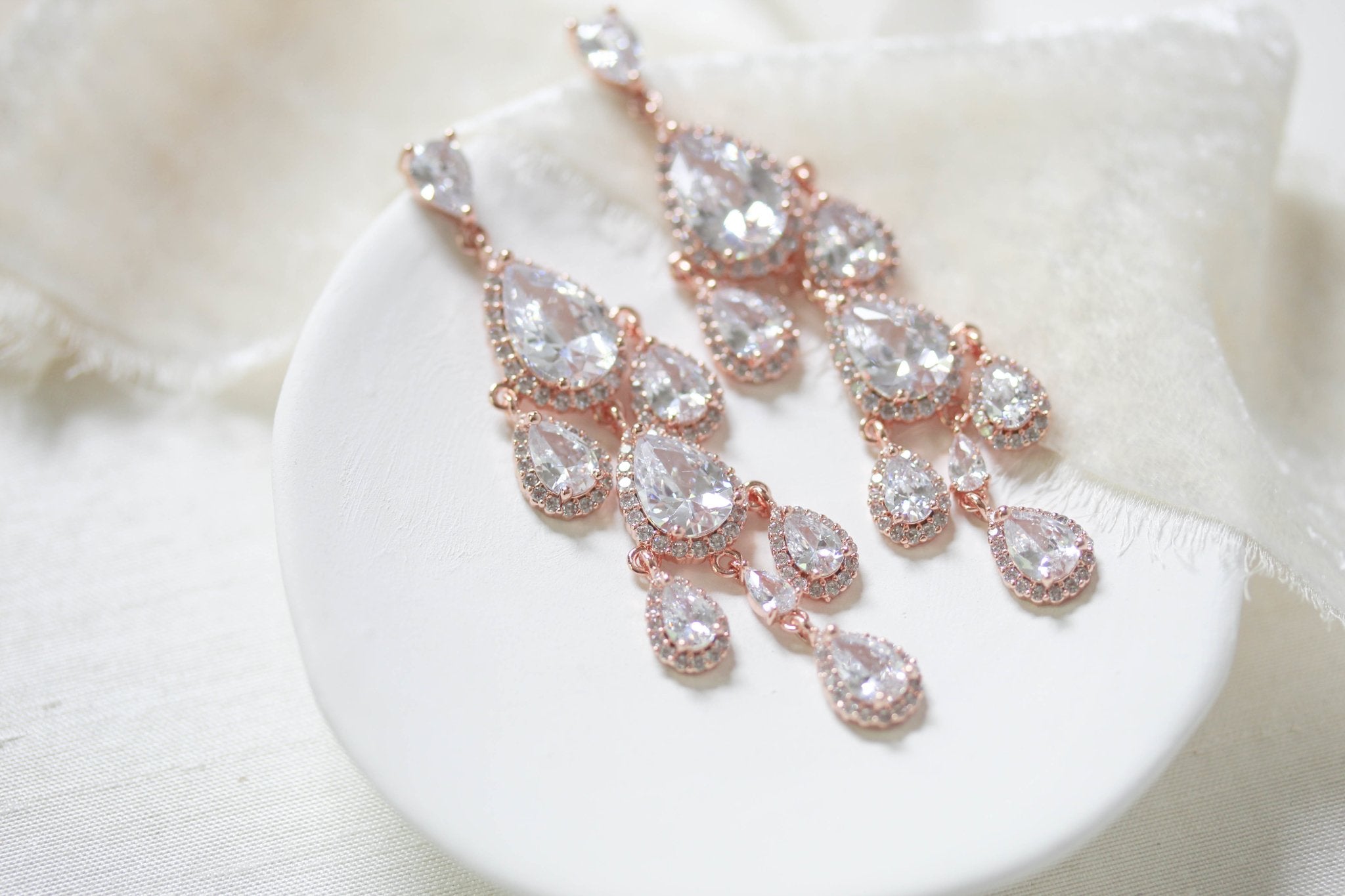 Rose gold Teardrop Chandelier bridal earrings - Treasures by Agnes
