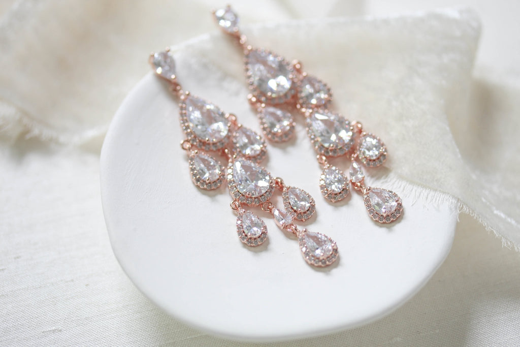 Rose gold Teardrop Chandelier bridal earrings - Treasures by Agnes