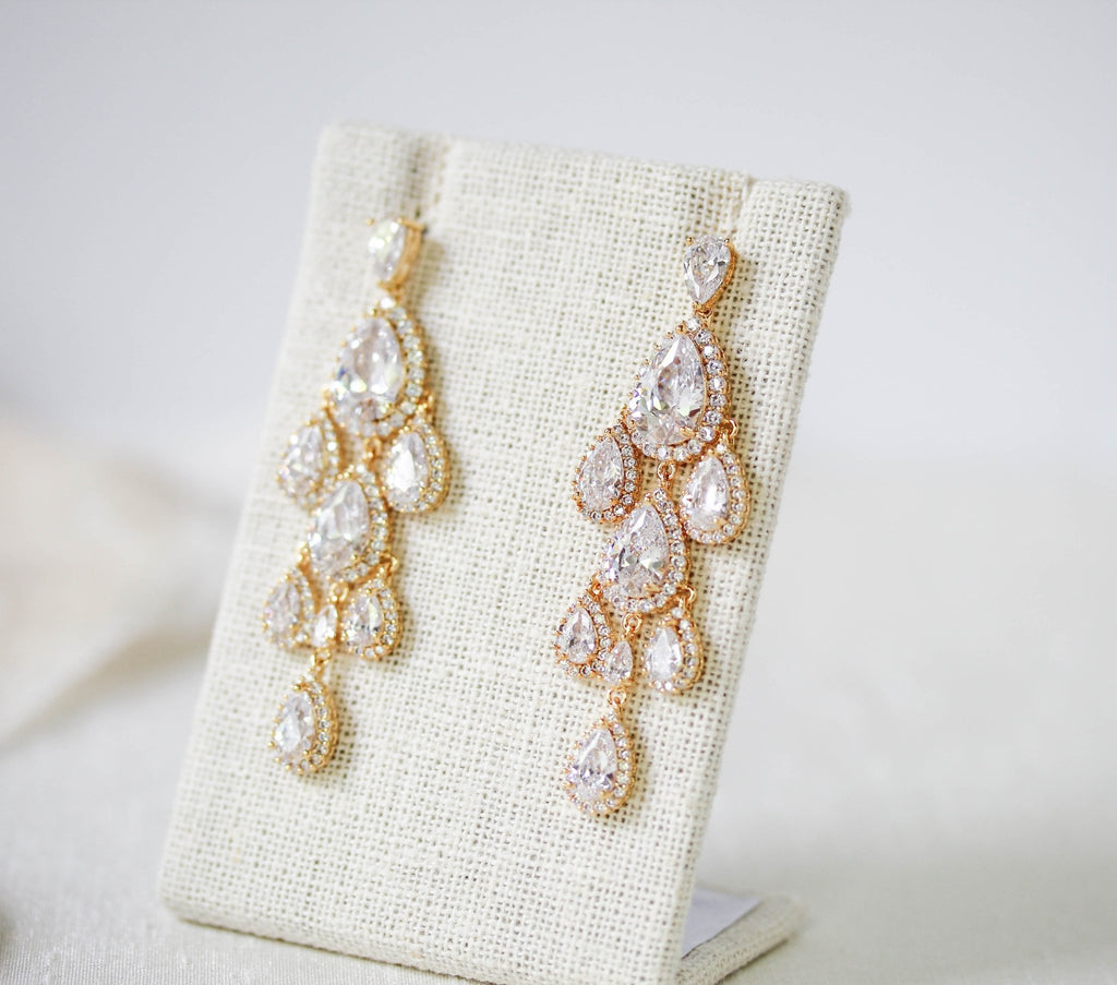 Rose gold Teardrop Chandelier bridal earrings - Treasures by Agnes